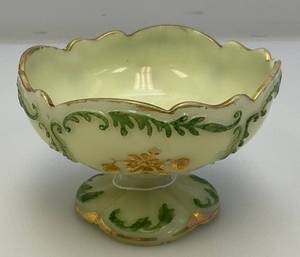 lot 20 image: 1898 Antique Northwood Custard Glass Compote Gold Trim Pedestal Bowl (GLOWS) Chips Present
