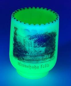lot 24 image: 1900-1920s Heisey Custard GlassVaseline Glass Novelty Minnehaha Falls Souvenir Toothpick Holder 2 12 (GLOWS)