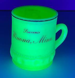 lot 25 image: 1900-1920s Heisey Custard GlassVaseline Glass Novelty Souvenir  Winona Minnesota Small Mug 3 14 (GLOWS)