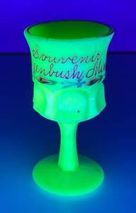 lot 27 image: 1900-1920s Heisey Custard GlassVaseline Glass Novelty Souvenir Greenbush Minnesota Small Pedestal Cup 4 (GLOWS)