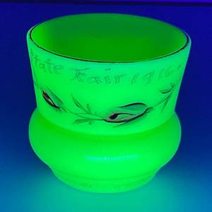 lot 28 image: 1900-1920s Heisey Custard GlassVaseline Glass Novelty Souvenir State Fair 1916 Minnesota Small CupVase  2 12 (GLOWS)