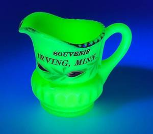 lot 29 image: 1900-1920s Heisey Custard GlassVaseline Glass Novelty Souvenir Irving Minnesota Small Creamer 2 34 (GLOWS)