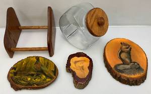 lot 129 image: Misc. Vintage Mid Century Decorative Wooden Plagues And More