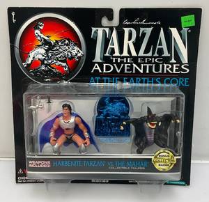 lot 147 image: 1995 TARZAN The Epic Adventures At The Earths Core (Harbenite Tarzan Vs. The Marhar Action Figures With Bonus Collector Badge (NEW OLD STOCK)