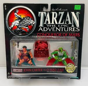 lot 148 image: 1995 TARZAN The Epic Adventures Congueror Of Mars John Carter Vs. O Mad Zad Action Figures With Bonus Collector Badge (NEW OLD STOCK)