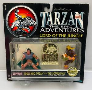 lot 149 image: 1995 TARZAN The Epic Adventures Lord Of The Jungle (Jungle King Tarzan Vs. The Leopard Man Action Figures With Bonus Collector Badge (NEW OLD STOCK)