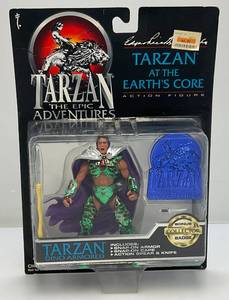 lot 151 image: 1995 TARZAN The Epic Adventures TARZAN At The Earths Core (Tarzan Dino Armored Action Figure With Bonus Collector Badge (NEW OLD STOCK)