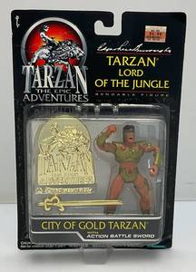 lot 153 image: 1995 TARZAN The Epic Adventures TARZAN Lord Of The Jungle Bendable Figure (City Of Gold TARZAN Action Figure With Bonus Collector Badge (NEW OLD STOCK)