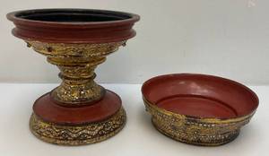 lot 203 image: Flat Top Gilded Lacquer Offering Vessel (Missing Center Piece)