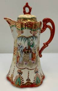 lot 209 image: Antique Japanese Moriage Chocolate Pot, Kutani Style, Hand Painted Geisha And Landscape And More 9 12 Has Hairline Cracks Present