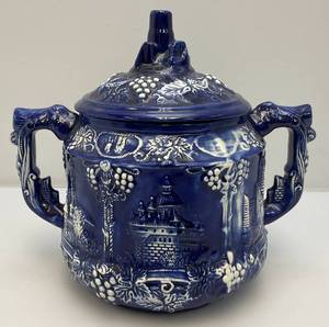 lot 231 image: Vintage German Castle Stoneware BlueWhite With Cover 12 x 11 x 9