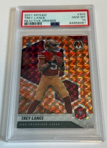 lot 164A image: Trey Lance PSA 10 Gem Mint 2021 Mosaic Reactive Orange #303 Rookie Football Card