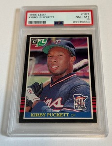 lot 166A image: Kirby Puckett RC PSA 8 NM-MT 1985 Leaf #107 Rookie Minnesota Twins Baseball Card