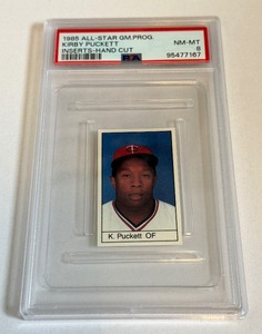 lot 13B image: Kirby Puckett Rookie Year PSA 8 NM-MT 1985 All-Star Game Program Insert Hand Cut Minnesota Twins Baseball Card