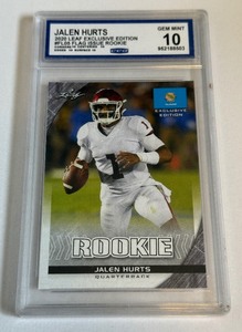 lot 14B image: Jalen Hurts RC Graded 10 Gem Mint 2020 Leaf Exclusive Edition Glag Issue #FL05 Rookie Football Card