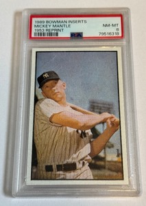 lot 56B image: Mickey Mantle PSA 8 Nm-MT 1989 Bowman Inserts 1953 Reprint Baseball Card