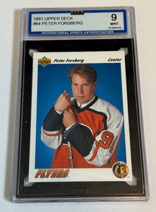 lot 73B image: Peter Forsberg RC Graded 9 Mint 1991 Upper Deck #64 Hockey Card