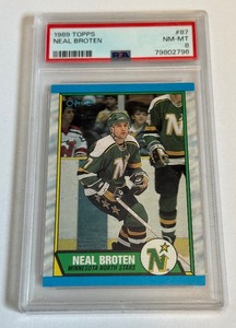 lot 79B image: Neal Broten PSA 8 NM-MT 1989 Topps #87 Minnesota North Stars Hockey Card