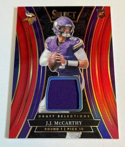 lot 67B image: JJ McCarthy Relic RC 2024 Select Prizm Draft Selections Materials #DMS-JMY Rookie Minnesota Vikings Football Card