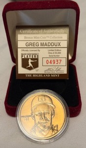 lot 98 image: Greg Maddux Limited Edition Highland Mint Bronze Baseball Coin
