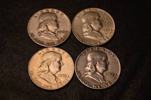 lot 36 image: Franklin Half Dollars - 4 Coin Lot (1949, 1952, 1963(2) 90% Silver