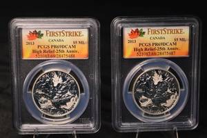 lot 39 image: Royal Canadian Mint Maple Leaf High Relief 25th Anniversary - 2013 CAD $5 Silver Pair PR69DCAM