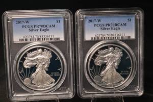 lot 42 image: 2017-W PCGS PR70DCAM Silver Eagle - Lot of 2
