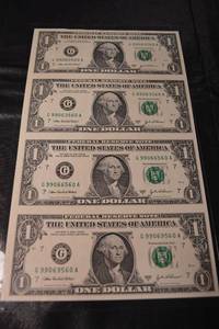 lot 53 image: United States One Dollar Bill Sheet - 4 Federal Reserve Notes Collectible Currency