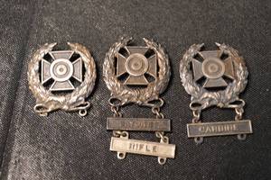 lot 62 image: World Sterling Marksmanship Pins - Bayonet, Rifle & Carbine (3-Pin Set)