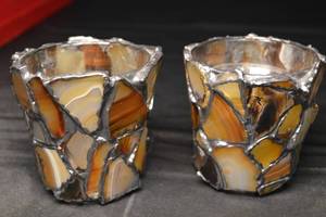 lot 63 image: Agate Mosaic Glass Candle Holders - Pair with Metal Border (Amber Brown Tones)