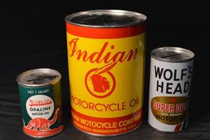 lot 69 image: Indian Motorcycle Oil Tin - Sinclair Opaline & Wolfs Head Motor Oil Cans (Lot of 3)