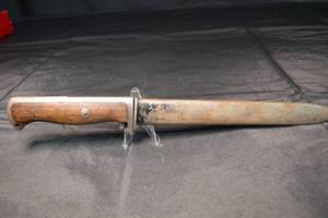 lot 73 image: WWII Bayonet Knife with Wooden Grip and Metal Scabbard - Vintage Military Blade