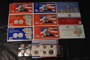 lot 97 image: United States Mint Uncirculated Coin Sets Lot - 10 Boxes (1987-2004)