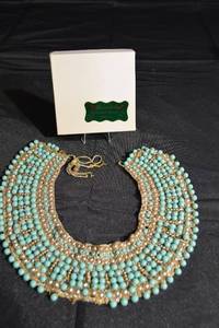 lot 127 image: Turquoise Bead Bib Necklace with Faux Pearl Accents, Gold-Tone Chain