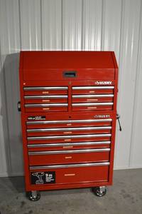 lot 155 image: Husky Red Rolling Tool Chest with Top Cabinet - Built-in 6-Outlet  2 USB Power Strip