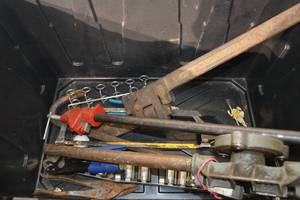 lot 274 image: Vintage Pipe Cutter & Plumbing Tools Lot - Rusty Wrenches, Tubing & Hardware