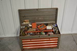 lot 277 image: Red Metal Tool Chest - 7-Drawer Cabinet with Assorted Hand Tools
