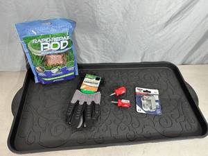 lot 9 image: New Boot Tray, Grass Seed Pods, Scotts Gloves, Tubing Cutter, Etc