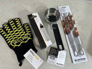 lot 94 image: New Grill Accessories, Glove, Skewers, Oil Spritzer, Sauce Pan