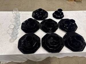 lot 1605 image: Black Octagonal Dinnerware & Tumblers