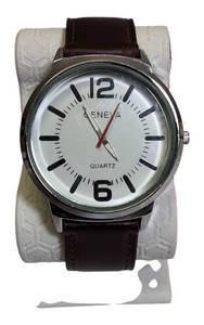 lot 65 image: Geneva Mens Quartz Wristwatch, 46 mm, featuring a classic brown leather strap.