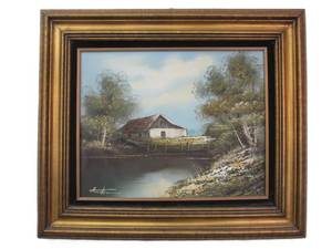 lot 45 image: Framed Signed Vintage Oil on Canvas Painting - Farmhouse by River