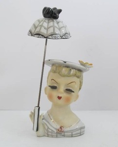 lot 56 image: Vintage Mid Century 1950s era Lady Head Vase wUmbrella
