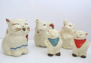lot 58 image: Group of SHAWNEE Pigs Cat &amp Elephant Cream Pitchers &amp Salt  Pepper Shaker Set