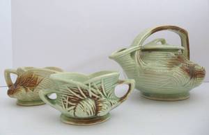 lot 62 image: Vintage McCoy Pinecone Teapot wCream &amp Sugar Set