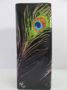 lot 70 image: Lovely Signed Deep Purple Art Pottery Peacock Feather Face