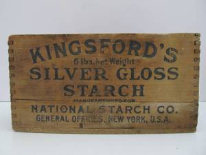 lot 88 image: Antique KINGSFORDS Silver Gloss Starch Dovetailed Advertising Wood Box wGreat Paper Label