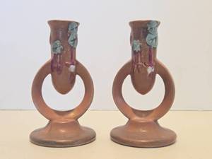 lot 117 image: Nice Pair of Signed ROSEVILLE Art Pottery Candle Stands