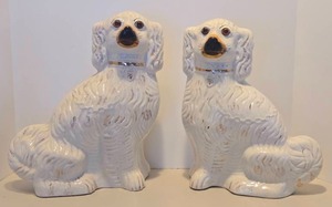 lot 126 image: Large Pair of Genuine Antique Victorian Staffordshire Spaniel Ceramic Dogs