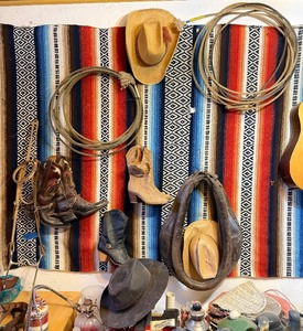 lot 143 image: Group of Vintage Old Western Gear - Boots wOld Spurs, Lassos &amp Hats